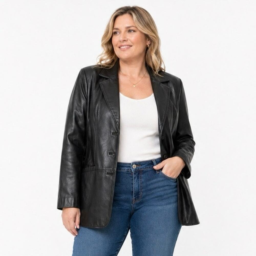 Bianca Nygård Black Genuine Leather Blazer Jacket Size 16 Button Front Classic